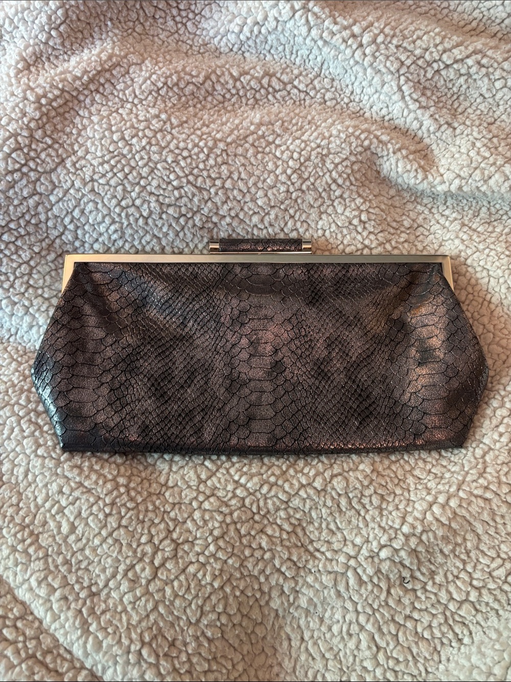 INC International Concepts Shimmery Dark Pewter Snake-Embossed Clutch